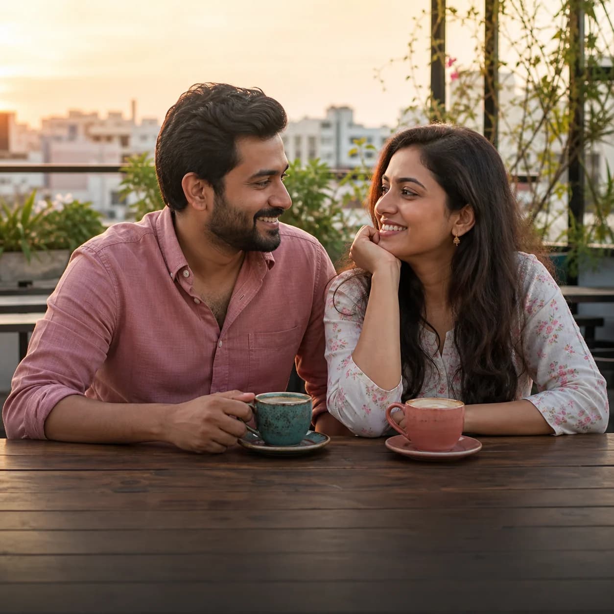A couple laughing over coffee on a rooftop at sunset