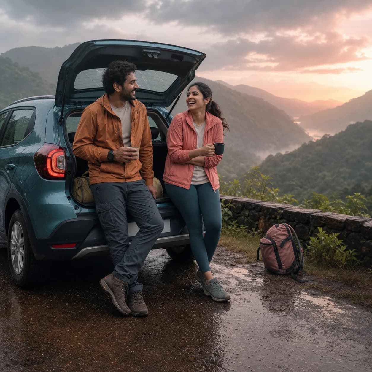 A couple on a misty mountain road trip