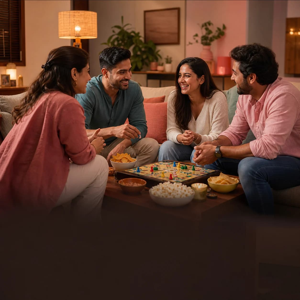 Two couples playing a board game together at home